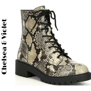 Chelsea & Violet Snake-Print Combat Block Booties